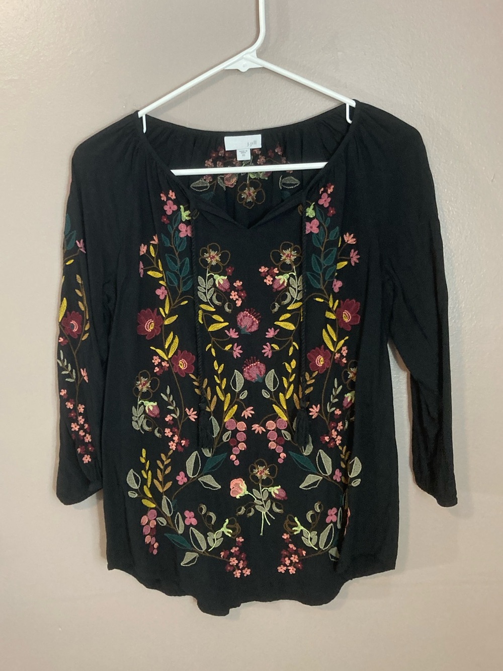 Embroidered Floral Black Peasant Blouse - Women's Top (size XS)